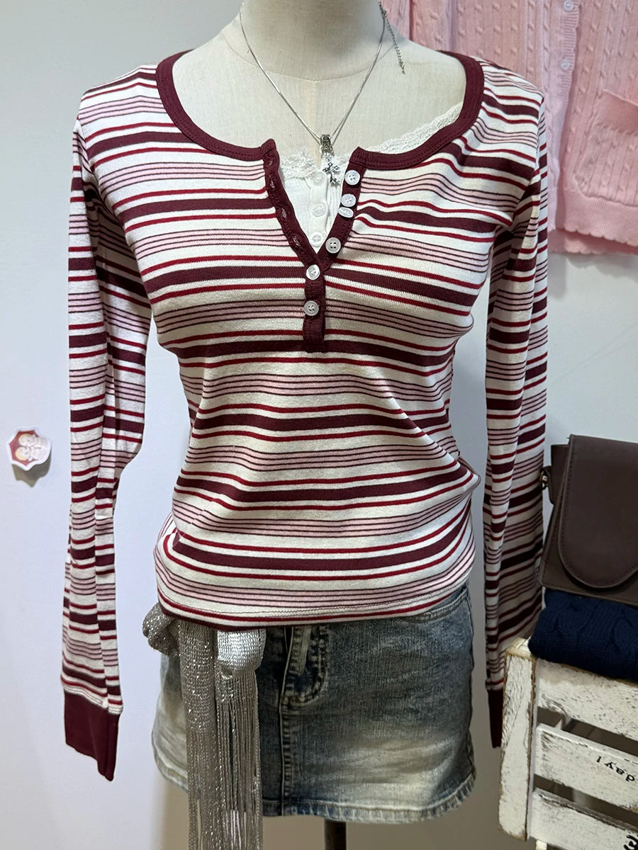 Brown Striped Long Sleeve Zelly Tops Women Casual Chic Cotton Buttons T-shirt Vintage Simple Preppy Style Slim Tshirt Y2K Tees