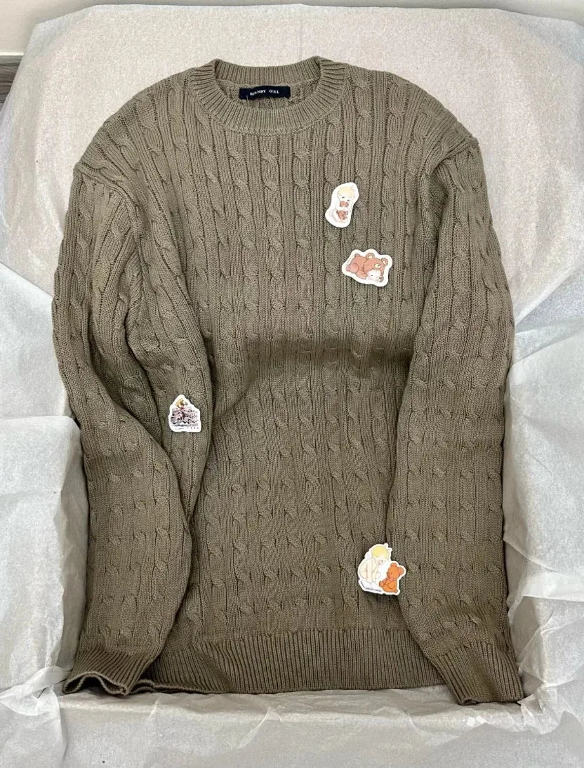 Twisted Flower Sweaters Women Autumn O-neck Cotton Casual Loose Long Sleeve Knitted Tops Vintage Preppy Style Sweet Pullover y2k