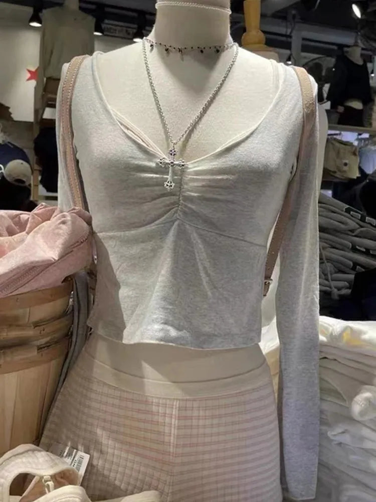 Sweet Gray Folds V-neck Slim Long Sleeve Tees Women Spring New Cotton Soft Simple Basic Crop Tops Vintage Cute Chic T-shirts Y2K