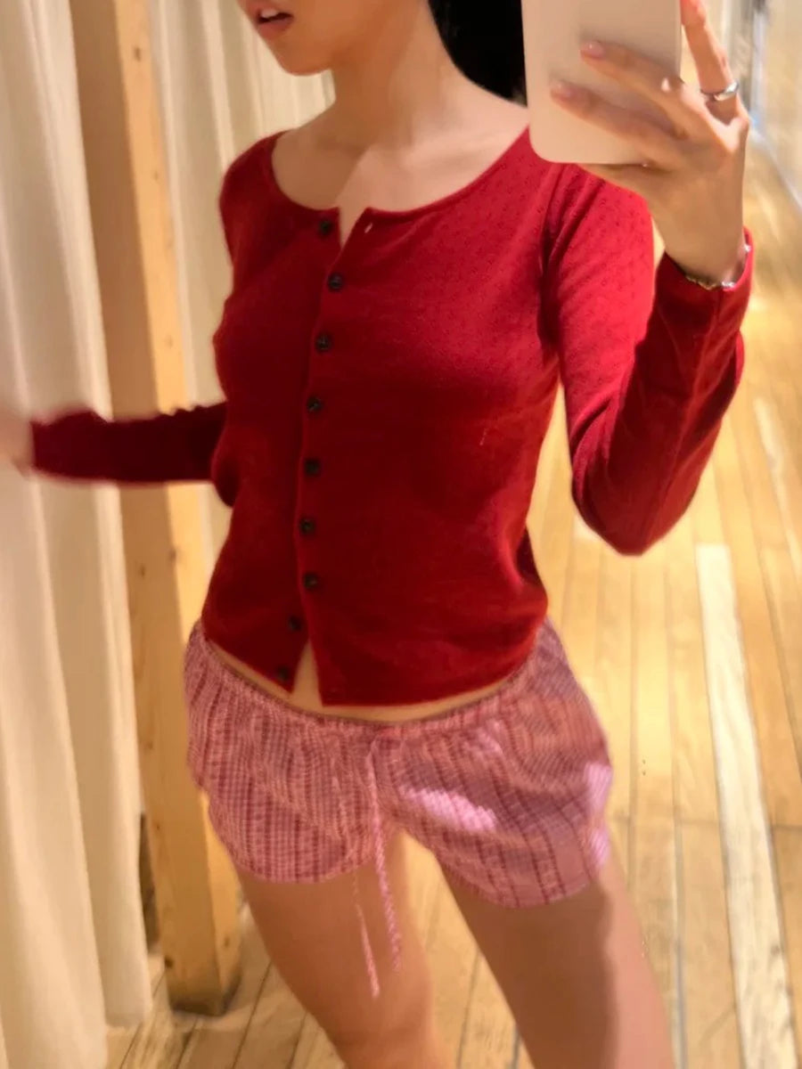 Red Eyelet Cotton Knitted Cardigan Women Autumn New Casual Streetwear  Buttons Long Sleeve Coat Sweet Simple Basic Sweaters Tops