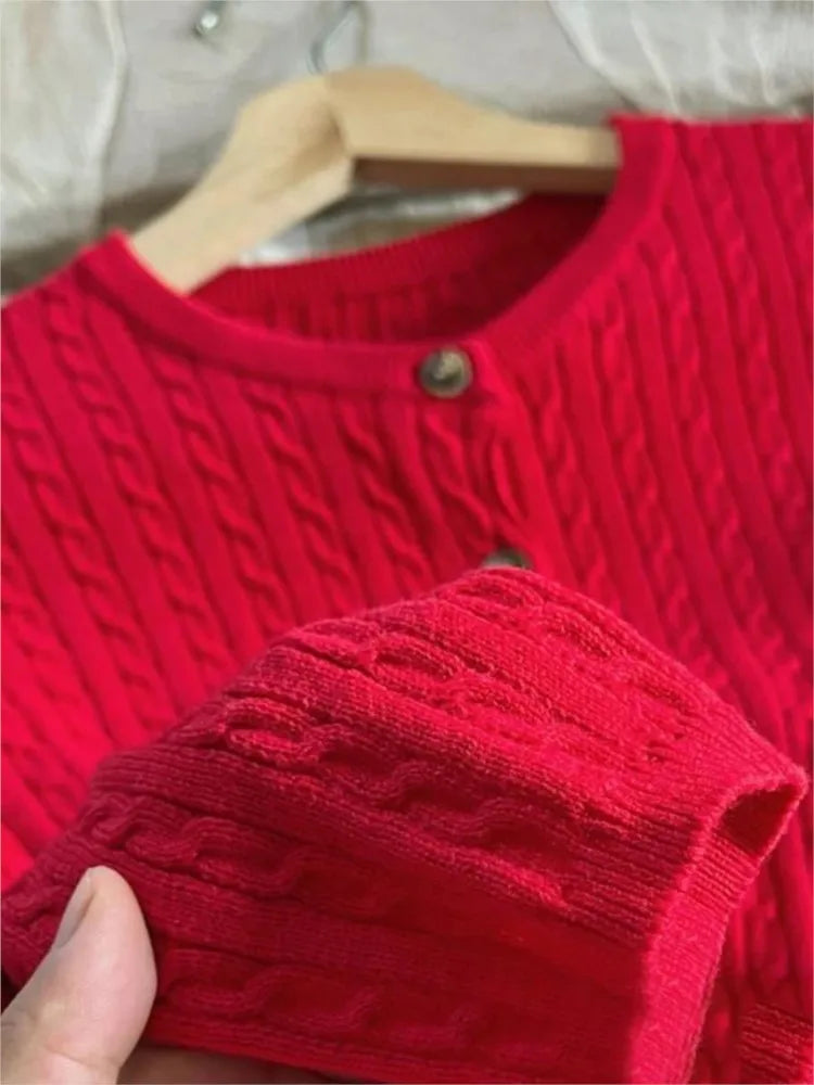 Red Twist flower Knitted Sweater Cardigan O-Neck Single Breasted Long Sleeve Slim Coat Vintage Streetwear Simple Crop Top Y2K