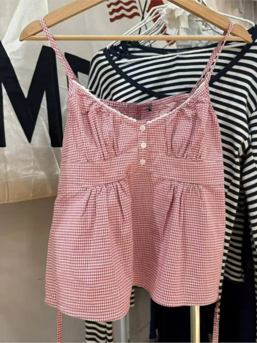 Pink Plaid Back Lace-up Camisole Summer Women New Sexy Cotton Button Lace Trim Slim Tank Tops Vintage Sweet Chic Vests Y2K OOTD