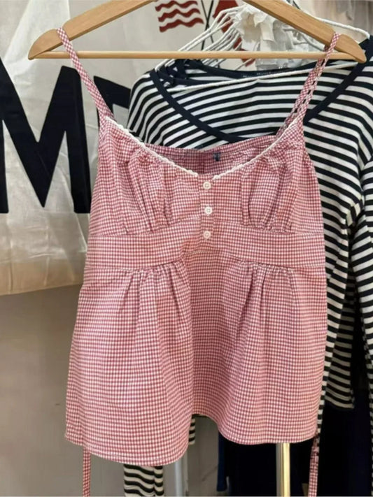 Pink Plaid Back Lace-up Camisole Summer Women New Sexy Cotton Button Lace Trim Slim Tank Tops Vintage Sweet Chic Vests Y2K OOTD