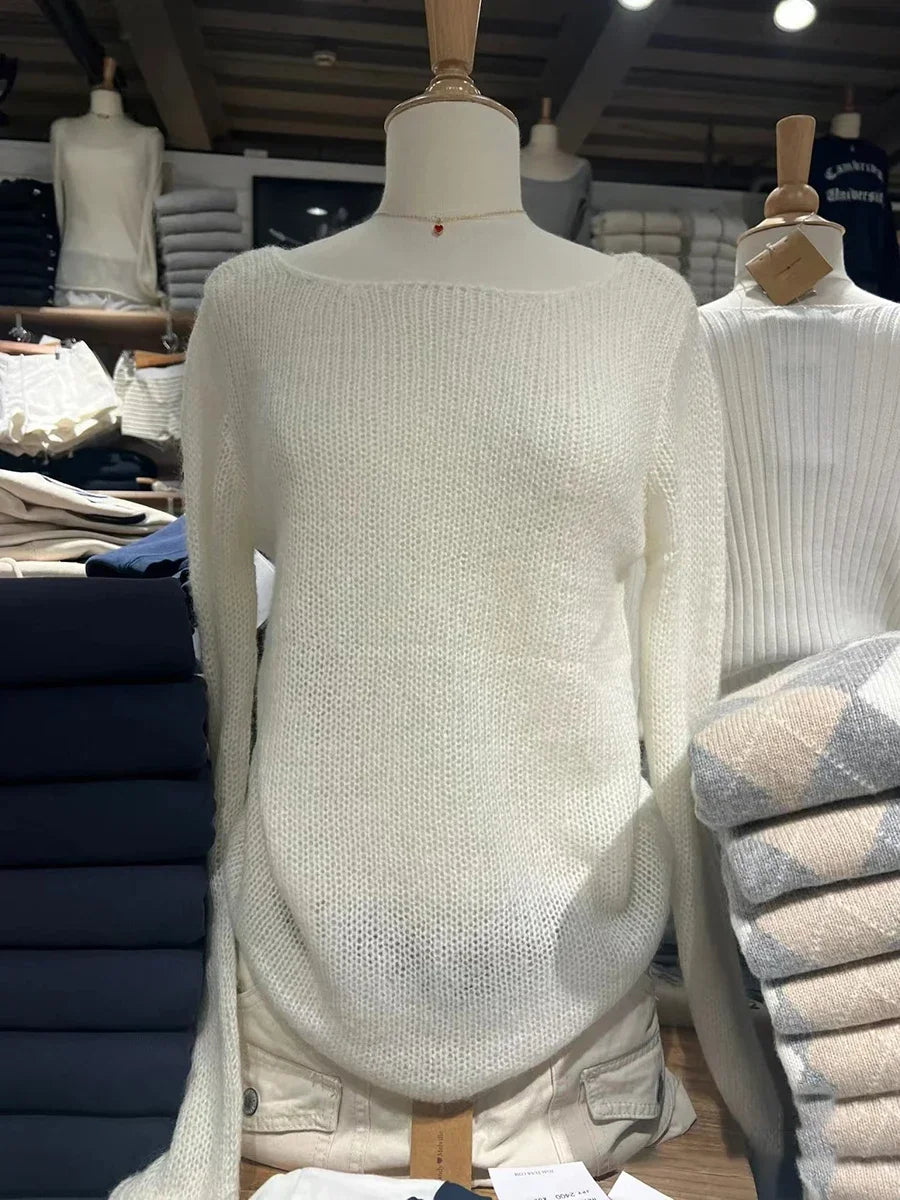 Beige Hollow Out Knitted Long Sleeve Tees Women Vintage Cotton Scoop Neck Thin Smock Tops Women Streetwear Casual T Shirt Y2k