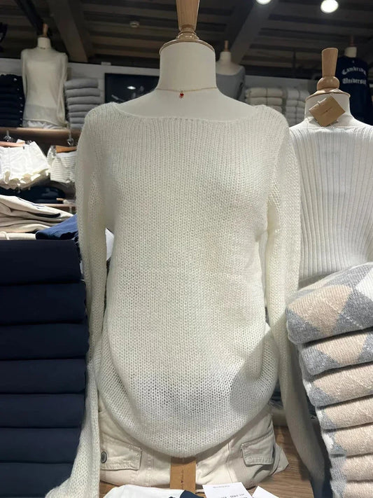 Beige Hollow Out Knitted Long Sleeve Tees Women Vintage Cotton Scoop Neck Thin Smock Tops Women Streetwear Casual T Shirt Y2k