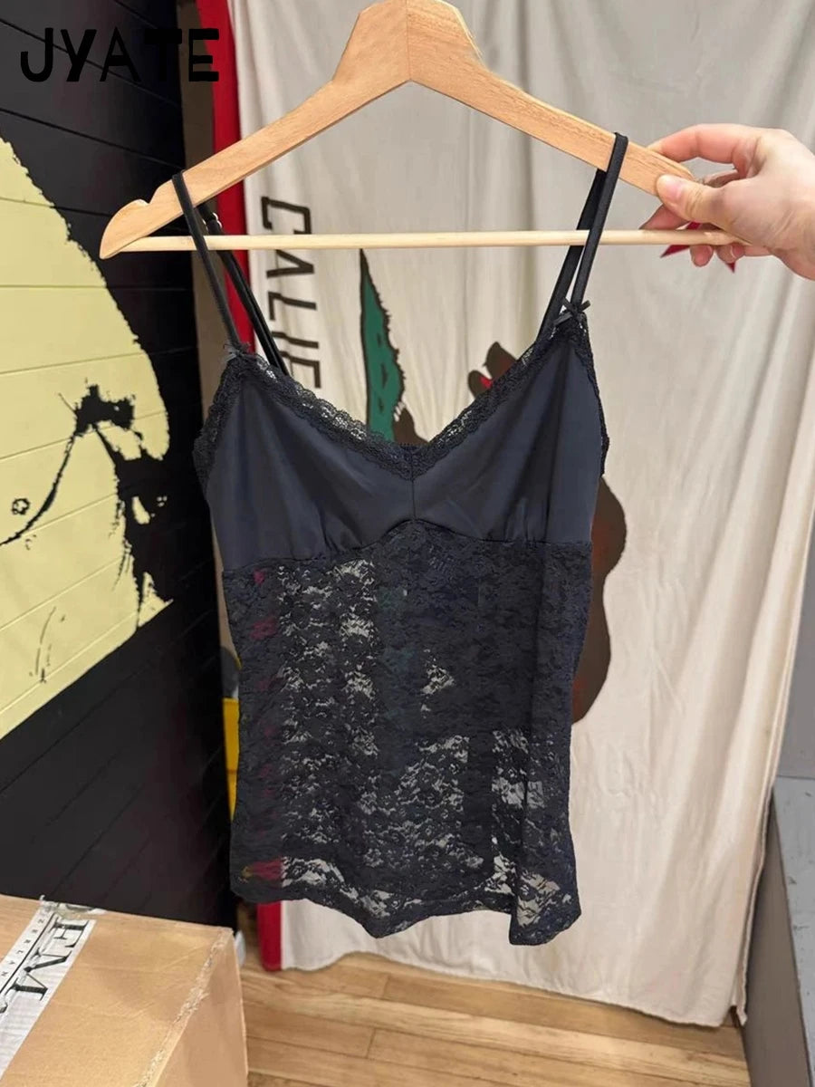 Sexy Lace Bow Transparent Bra Tank Tops Women Summer  Streetwear Sleeveless V-Neck Thin Slim Vest Sweet Vintage Chic Camis Y2K