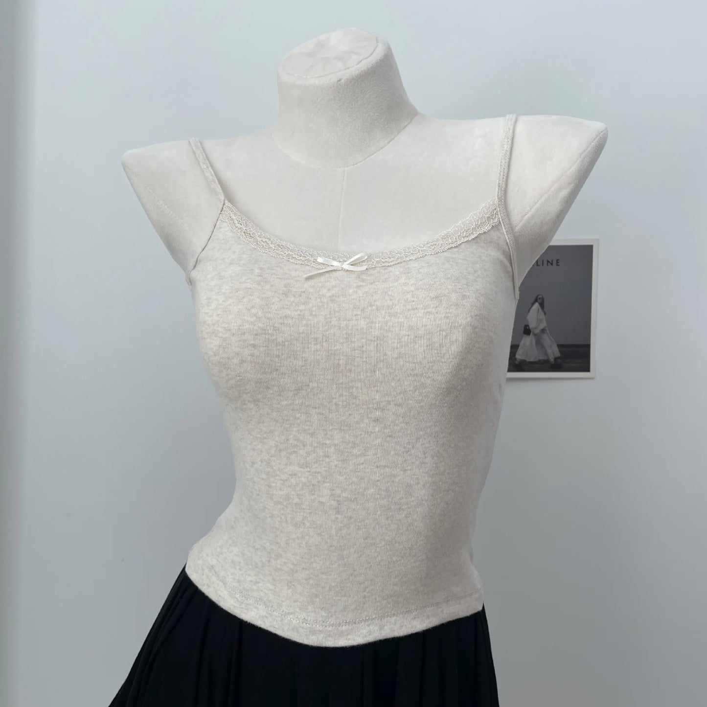 Cute Cotton Soft Lace Trim Tank Tops Women New Summer Solid Chic Bow Slim Cropped Vests Sweet Preppy Style Casual Camisole Y2K