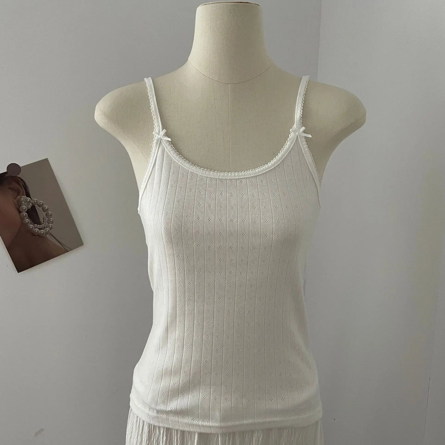 Lace Trim Eyelet Bow Tank Tops Women Cotton Soft Casual Solid Slim Basic Sleeveless Vests Sweet Cute Preppy Style Camisole