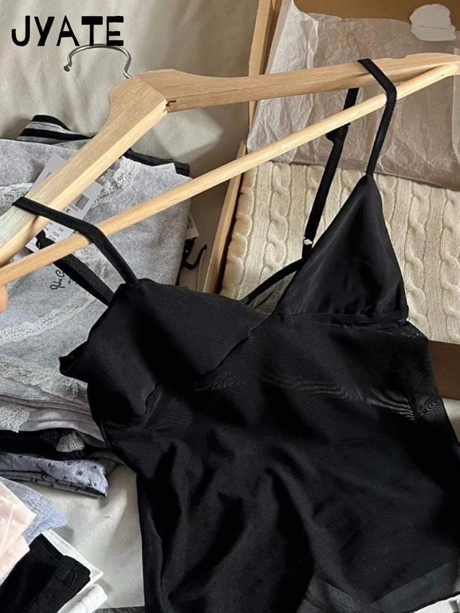 Sexy Mesh Sheer Slim Bra Crop Tops Women Casual Streetwear Black All-match Basic Sleeveless Vests Harajuku Simple Vintage Camis