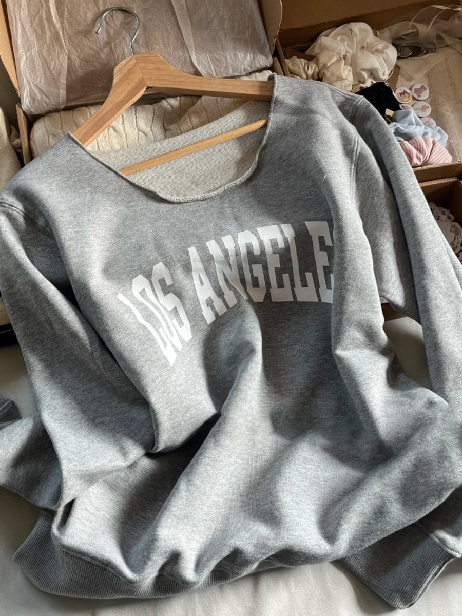 Letter Embroidery Scoop Neck Sweatshirt Women Autumn Streetwear Long Sleeve Cotton Loose Pullover Vintage Oversized Y2K Hoodie