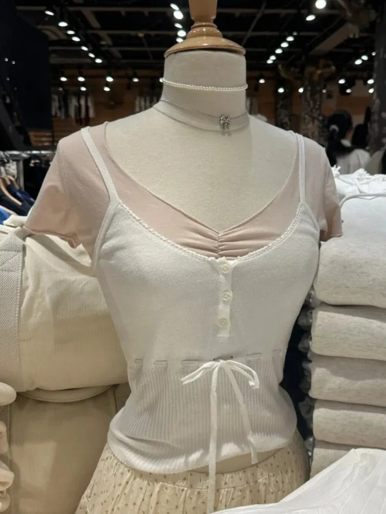 White Lace Trim Drawstring Knitted Tank Tops Women New Slim Cotton Buttons High Waist V-neck Camis Simple Sweet Cute Vests Y2K
