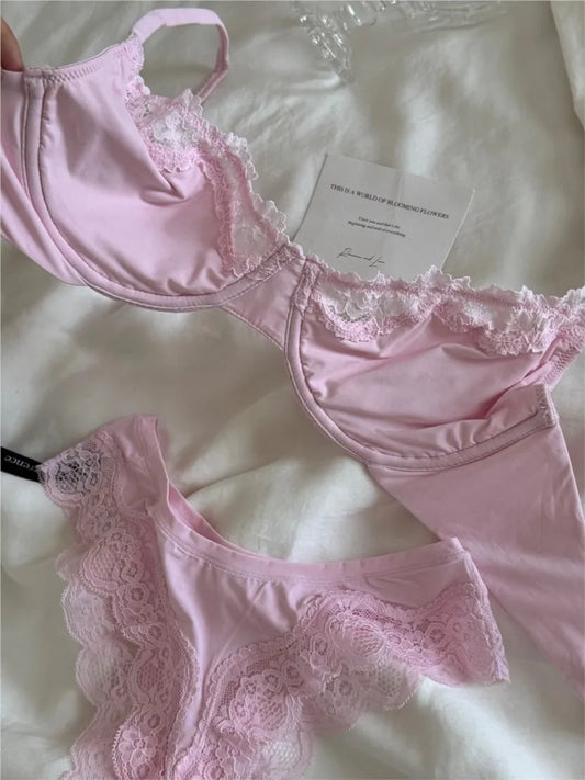 Pink Unlined Full Cup Bra Set Underwire Lace Trim Lift Comfortable Minimalist Seamless Skin-friendly Everyday Bras and Panty