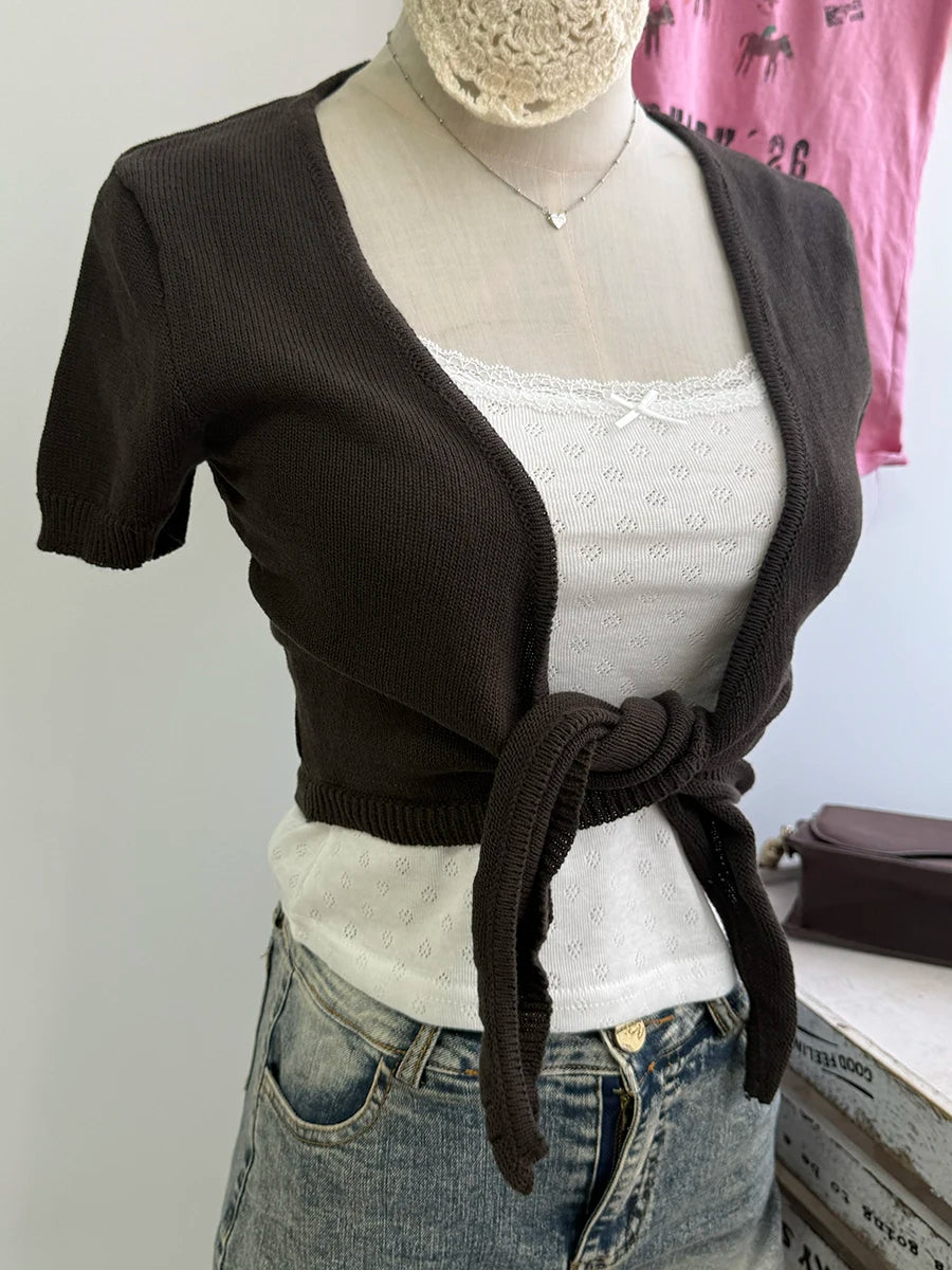 Wrap Knitwear Woman Cotton Lace-up Cropped Smock Brown Casual Simple Solid Sweet Short Sleeve Cardigan Sweet All-match Crop Tops
