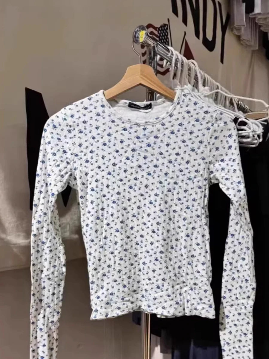 Blue Floral T-shirts Women Spring Casual Streetwear Cotton Crew Neck Long Sleeve Tees Sweet Vintage Chic Preppy Style Shirts