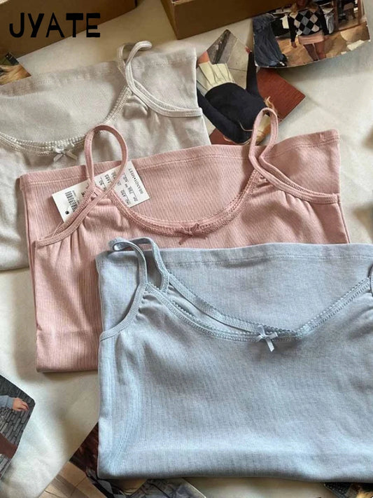 Fashion Bow O-neck Sleeveless Tank Tops Women Summer Street Casual Cotton Simple Basic Crop Vests Vintage Chic Sweet Camis Y2K