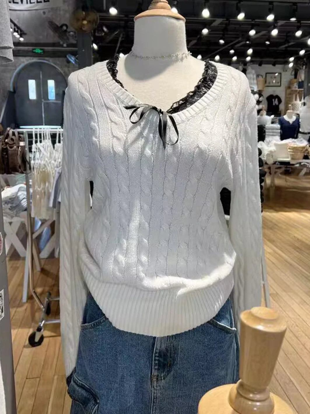 Navy Twisted Flower Knitted Sweater For Woman Spring V-neck Long Sleeve Slim Pullover Cute Vintage Streetwear Jumper Tops Y2k
