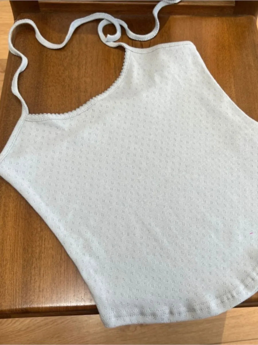 Floral Eyelet V-neck Halter Tank Tops Women Summer New Casual Sexy V-neck Slim Camisole Female Sweet Preppy Style Cute Crop Top