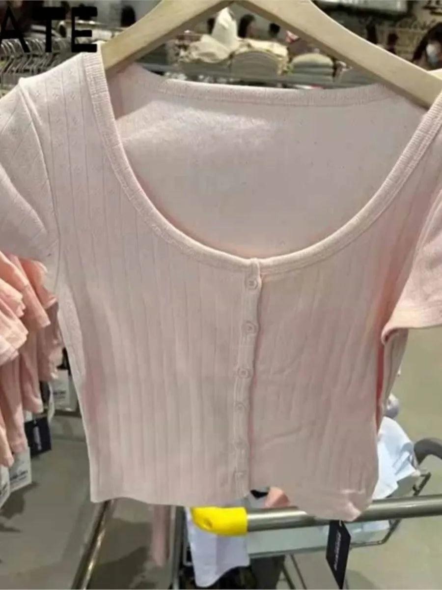 Sweet Pink Eyelet Slim Short Sleeve Tees Women Summer Basic Cotton Buttons Streetwear Crop Tops Vintage Cute Chic T-shirts Y2K