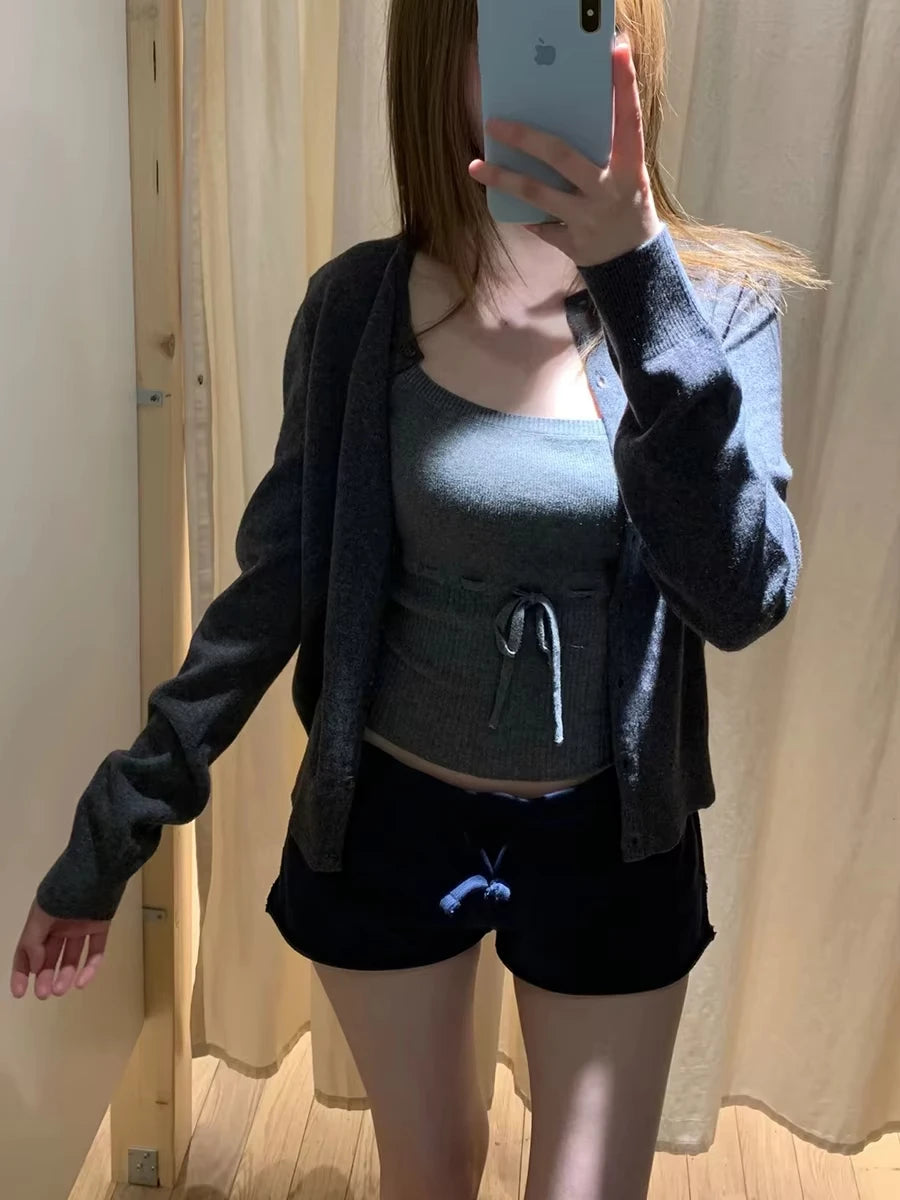 Lace-up Knitted Tank Top for Woman Summer Deep Grey Cotton Camisole Female Casual Simple All-match Preppy Style Basic Tops y2k