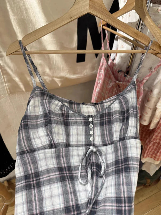 Vintage Black Plaid Lace-up Ruffles Tank Tops Women Summer New Cotton Sexy Slim Buttons Strapless Vests Cute Preppy Camisole Y2K