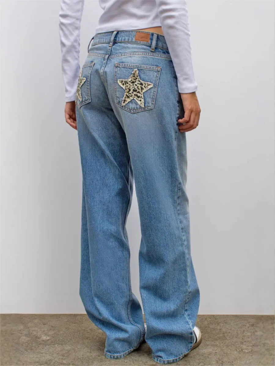 Retro Star Patchwork Jeans Women Summer New High Waist Pockets Straight Denim Pants American Vintage Loose Baggy Trousers Y2K