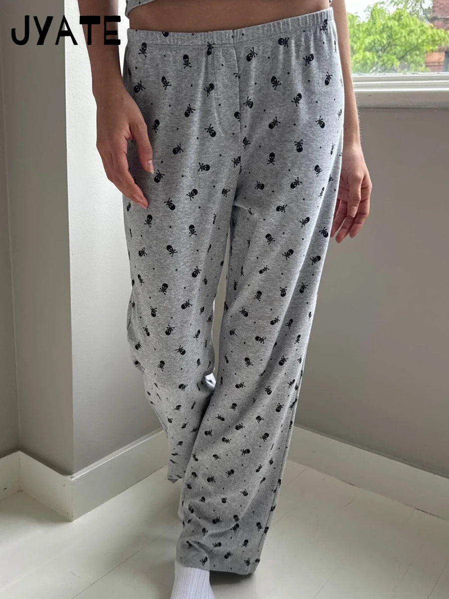 Skull Print Cotton Soft Long Pants Women New Harajuku Casual Elastic High Waist Pajama Straight Pant Vintage Chic Y2K Trousers