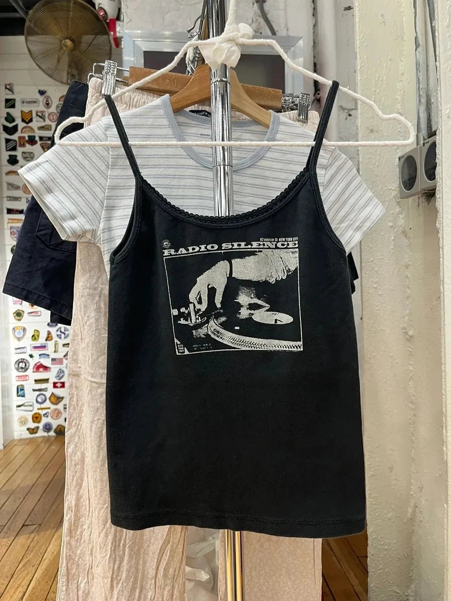 Vintage Flag Print Slim Tank Tops Women Summer New Cotton Soft Casual Streetwear Sleeveless Vests Harajuku Sweet Chic Camis Y2K