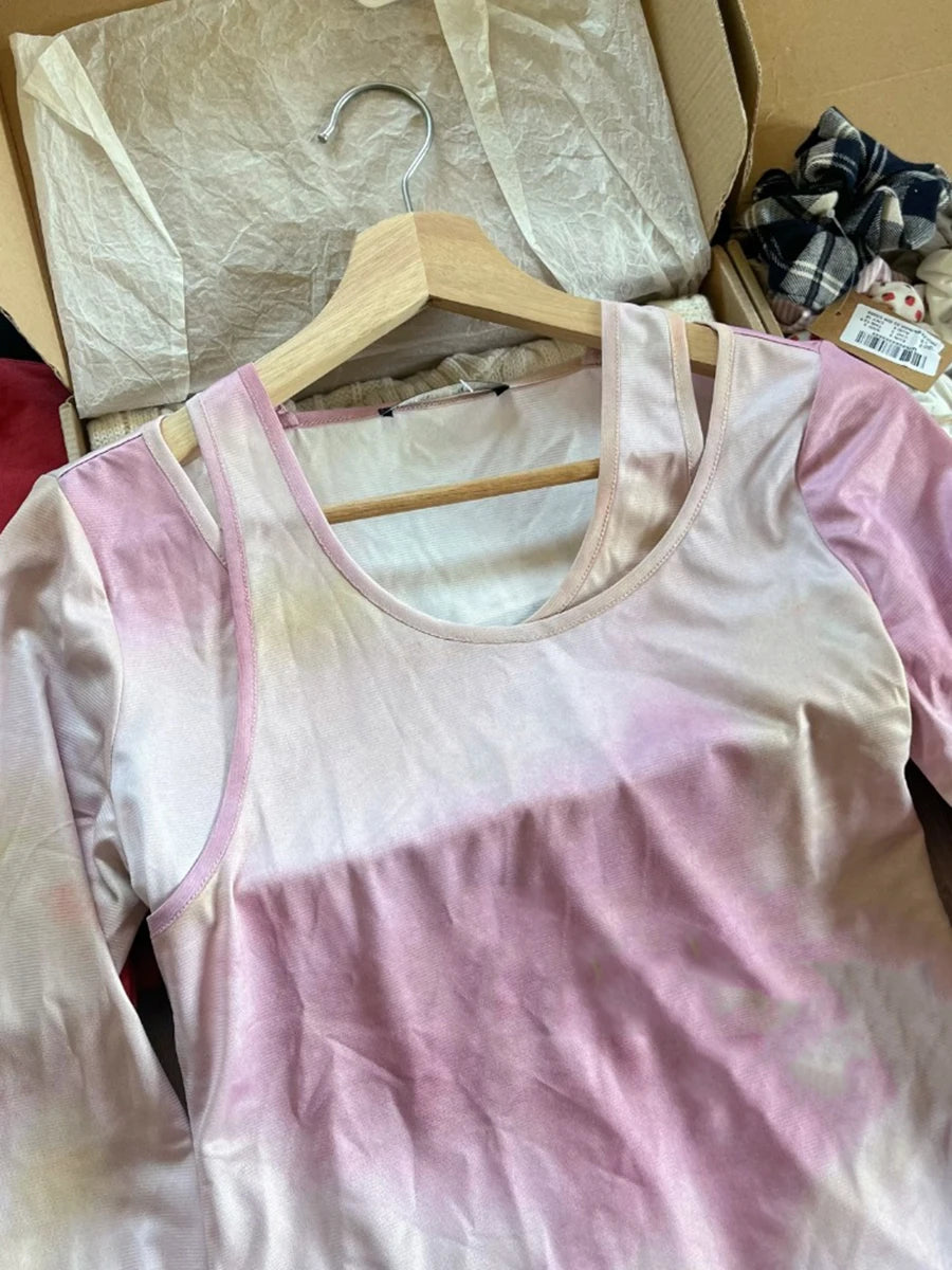 Sweet Pink Gradient Long Sleeve Tees Women New Casual Cotton Irregular Collar Tshirt Tops Cute Aesthetics Chic T-shirts Y2K Top
