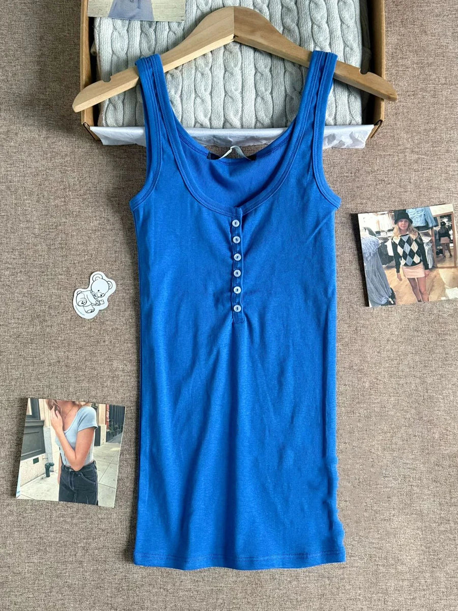 Six Buttons Army Green Slim Tank Top Woman Summer  Y2KStreetwear U Collar Sleeveless Cotton Vest American Vintage Basic Tops New