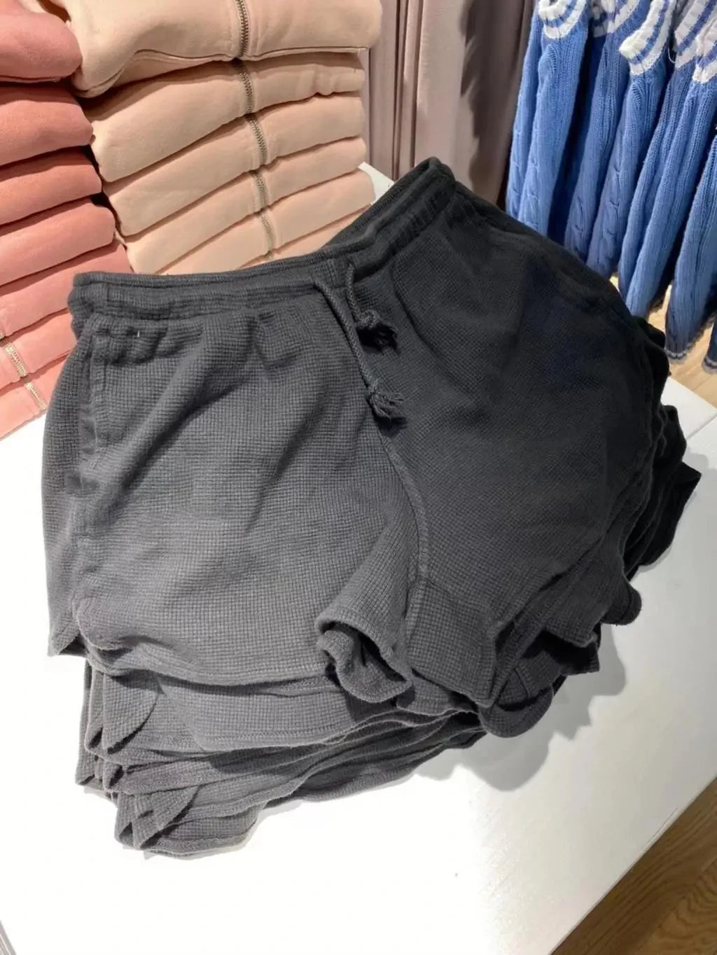 Sweet Pink Waffle Sports Shorts Women New Casual Pockets Drawstring Elastic High Waist Short Cute Preppy Style Short Pants Y2K