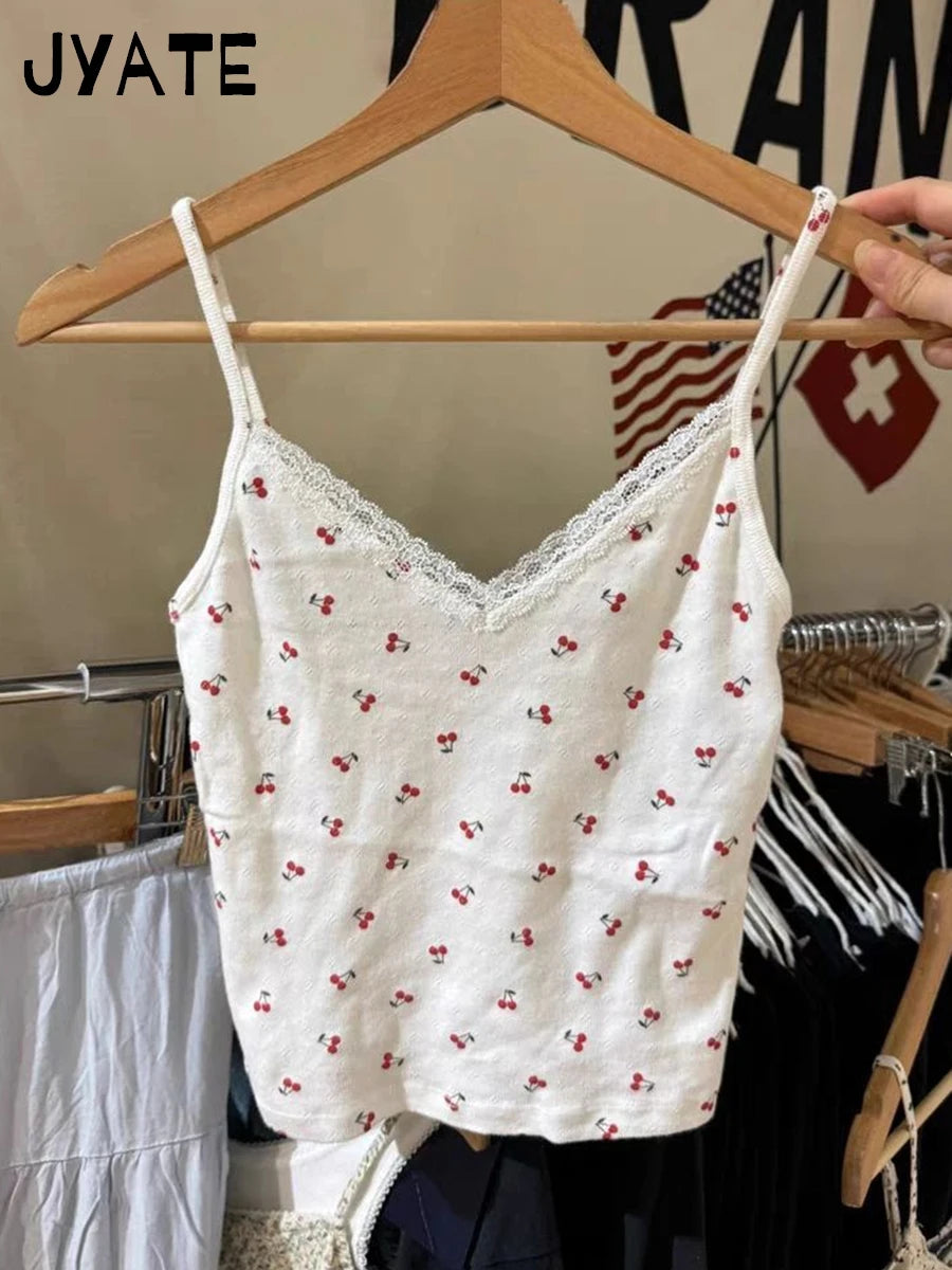 Cherry Print Eyelet Camisole Women New Cotton Soft Lace Trim V-neck Slim Sleeveless Vests Sweet Cute Chic Vintage Tank Tops Y2K