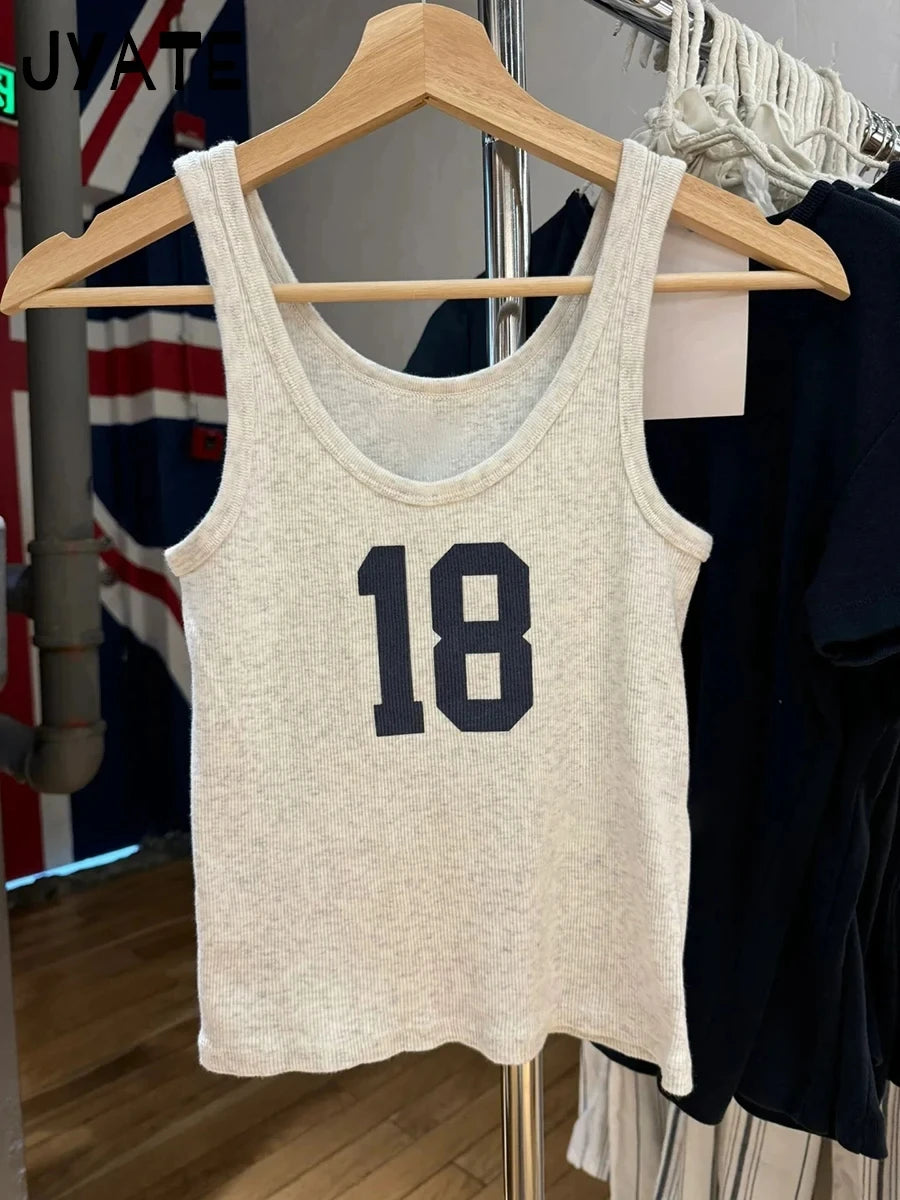 Fashion NO 18 Print Gray Tank Tops Women New Cotton Simple U-neck Preppy Style Sleeveless Vests Vintage Chic Casual Camisole Y2K