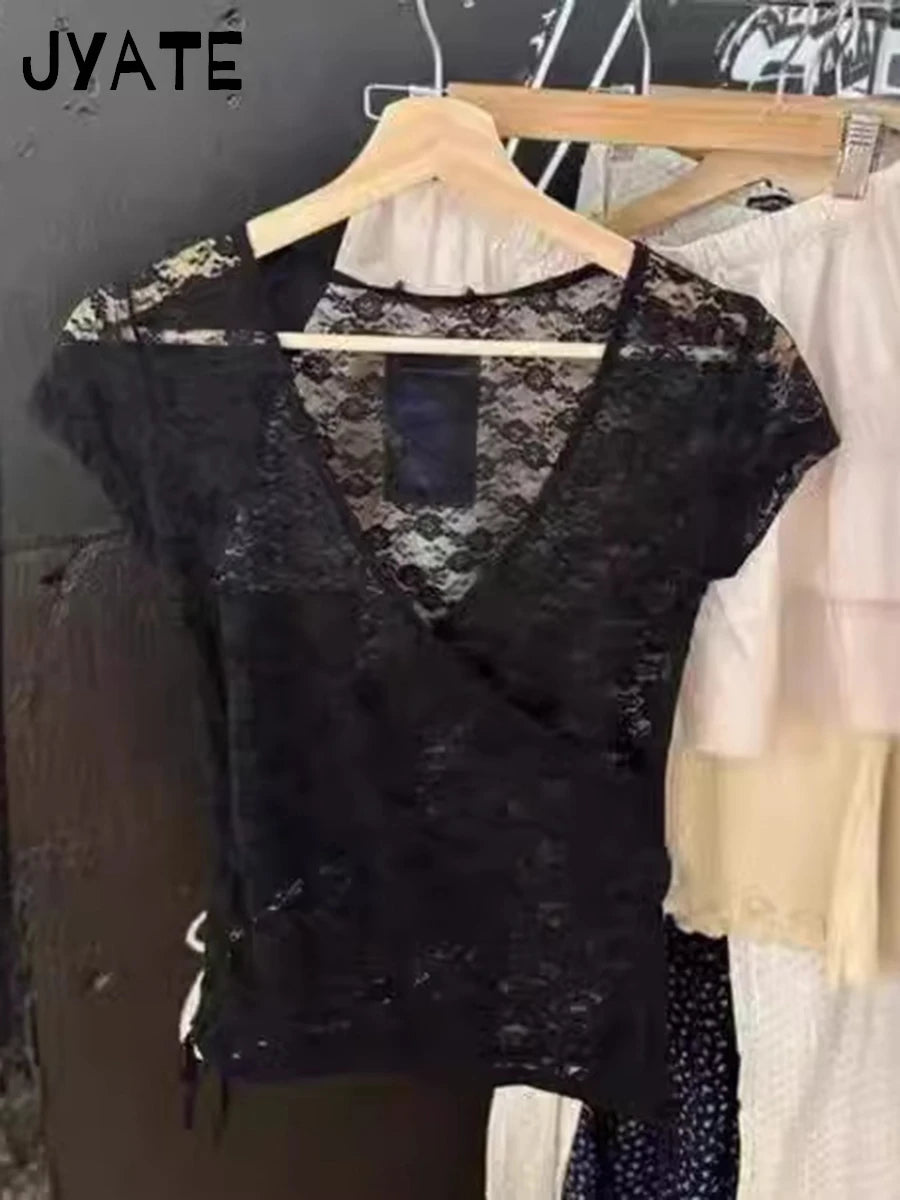 Harajuku Jacquard Transparent Crop Tops Women Summer Bow Lace Mesh V Neck Lace -up Short Sleeve Tee Sweet Slim Thin T-shirts Y2K