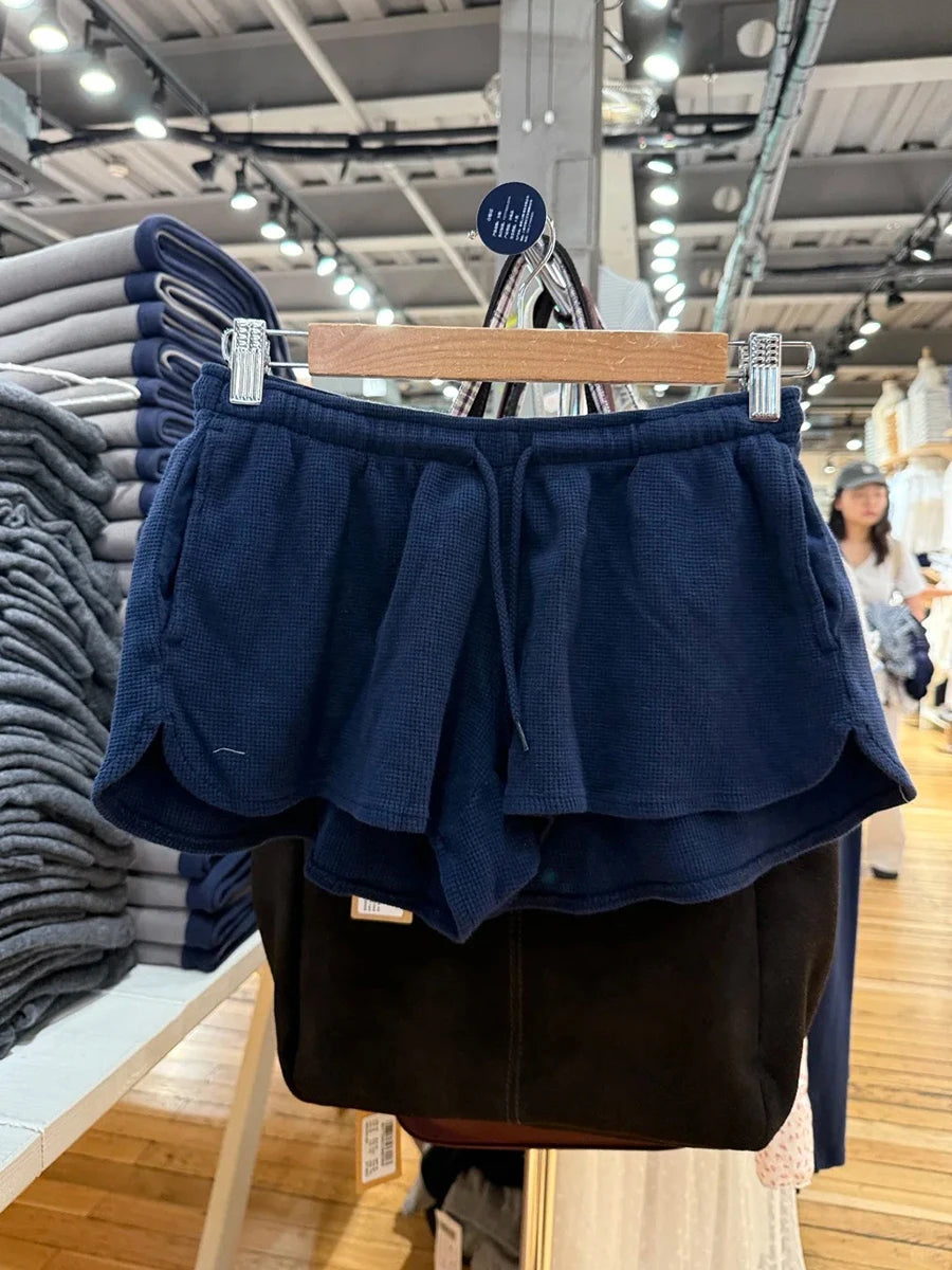 Sweet Pink Waffle Sports Shorts Women New Casual Pockets Drawstring Elastic High Waist Short Cute Preppy Style Short Pants Y2K