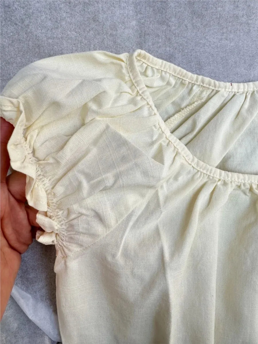 Yellow  Lace-up Ruffles Sleeve Tees Women Summer Simple Casual Flax Cotton U-neck Buttons Tops Sweet Cute Preppy Style T-shirts