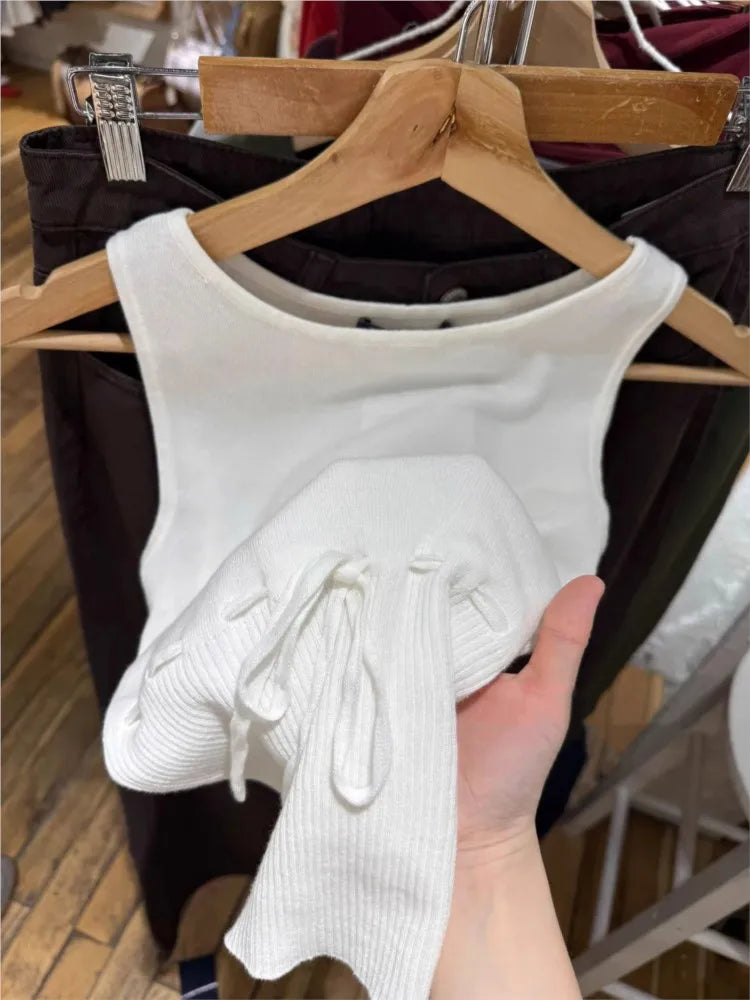 White Drawstring Knitted Tank Tops Women New Simple Slim Cotton Buttons High Waist O-neck Camisole Sweet Cute Preppy Style Vests