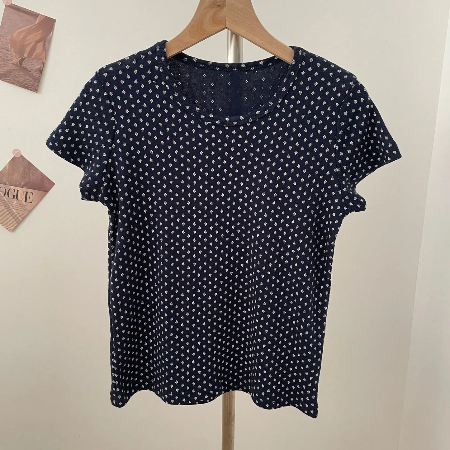Eyelet Floral Print T-shirt Woman Summer Cotton Basic Round Neck Short Sleeve Tee Shirts Cute Sweet All-match Tshirt Y2K Tops