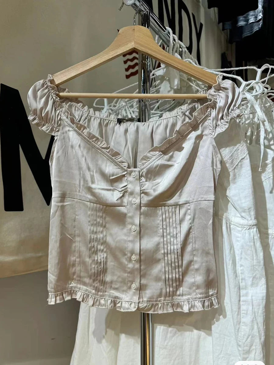 Elegant Pink Ruffle Satin Slim T-Shirt Blouse Women Summer Sexy V Neck Cotton Puff Sleeve Tees Sweet Girls Buttons Crop Top Y2K