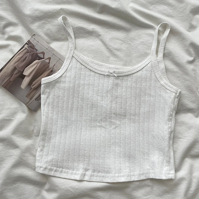 Lace Trim Solid Slim Eyelet Tank Tops Women Summer New Bow Preppy Style Sleeveless Vests Basic Sweet Cute Camisole Y2K Clothes