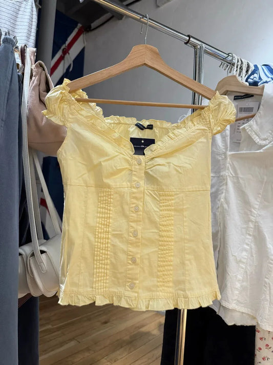 Yellow Sweet Folds Blouse Top Women Casual Single Breasted Ruffle Sleeveless Tank Tops Vest Cute Casual Preppy Style Camis Y2K
