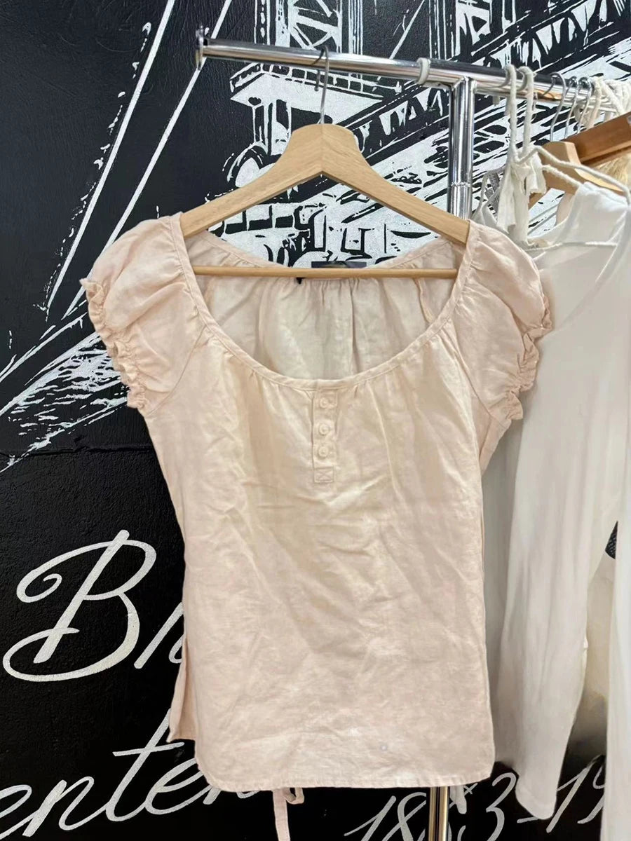 Pink Lace-up Ruffles Sleeve Tees Women Summer Simple Casual Flax Cotton U-neck Buttons Tops Sweet Preppy Style T-shirts Y2K New