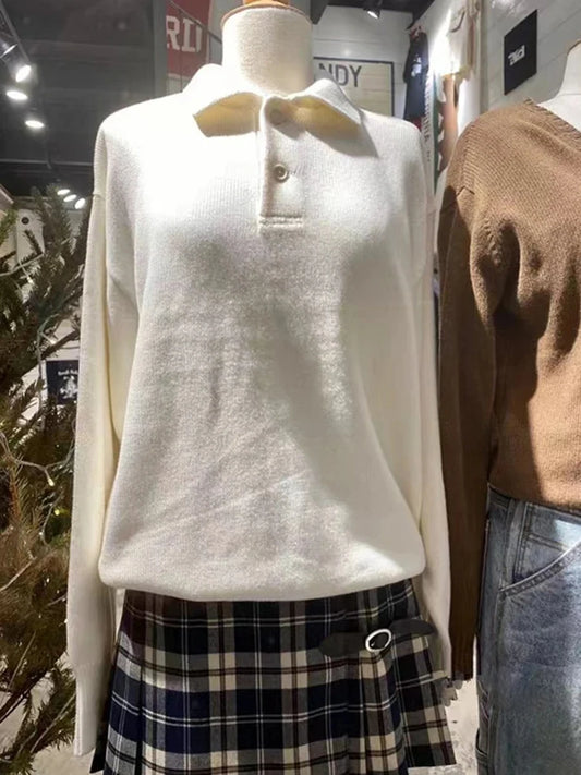 Simple White Buttons Loose Sweater Women Autumn New Cotton Turn Down Collar Preppy Style Knitted Tops Sweet Vintage Cute Jumpers