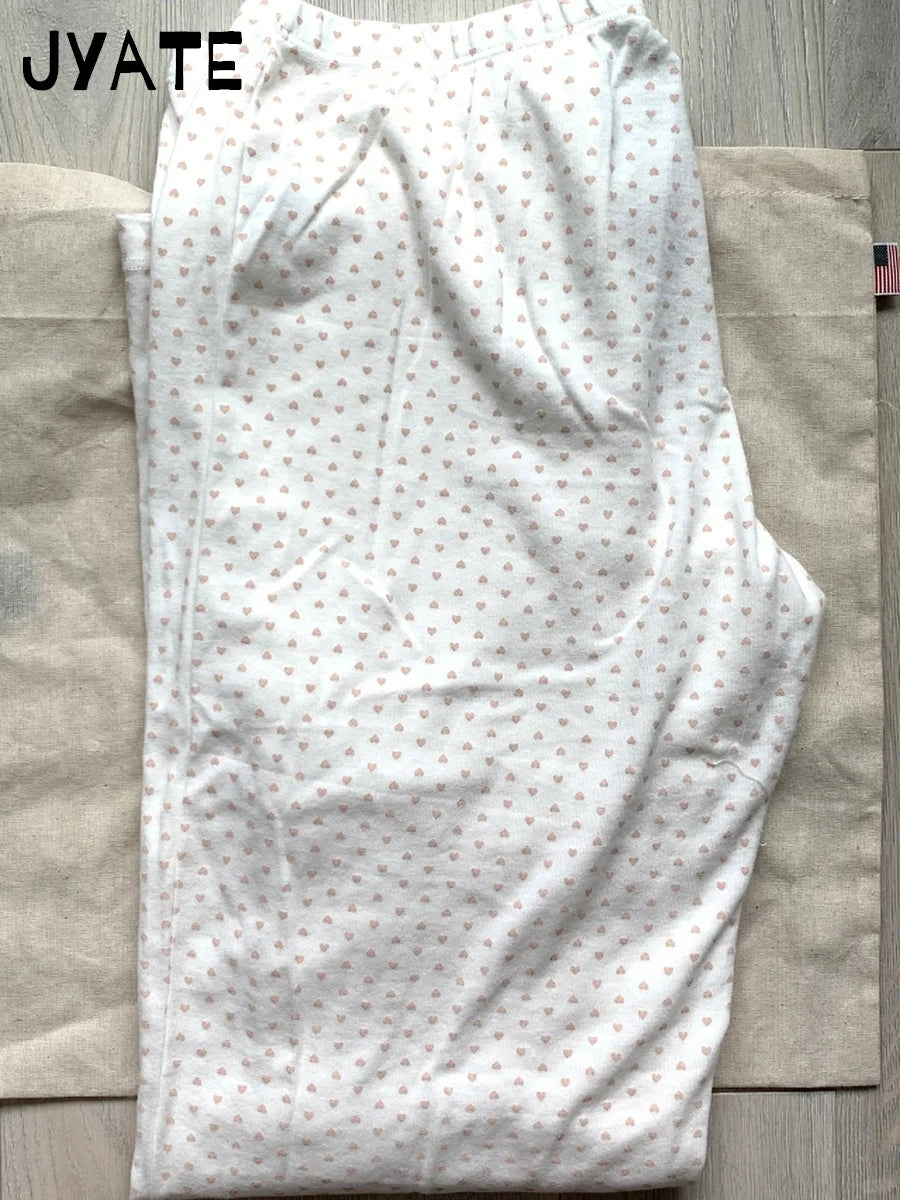 Sweet Pink Heart Print Casual Home Pants Women New Cotton Soft Elastic High Waist Pajama Trousers Cute Vintage Preppy Long Pant