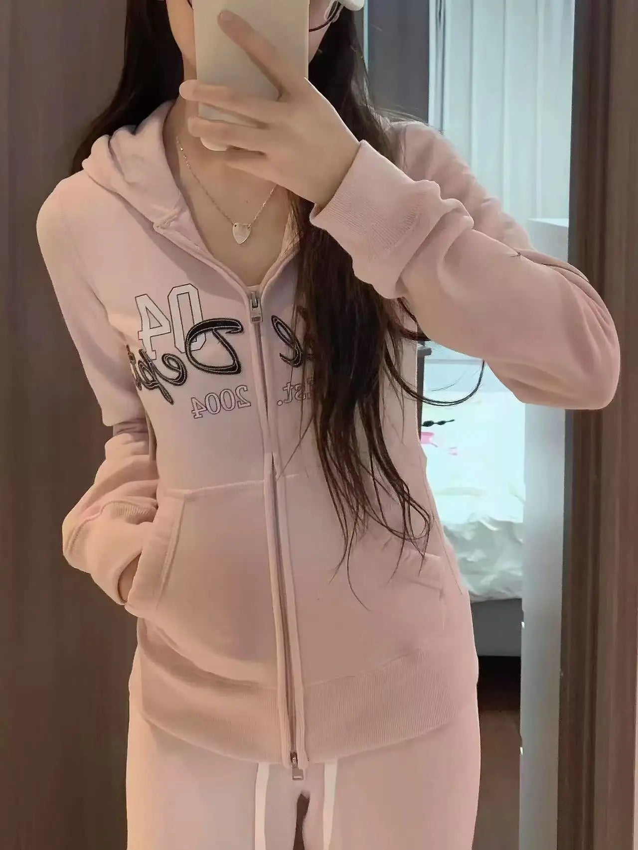 Patchwork Sweet Zipper Hoodies Women Autumn Casual Pockets Drawstring Hoodie Tops Vintage Loose Preppy Style Sweatshirts Coat
