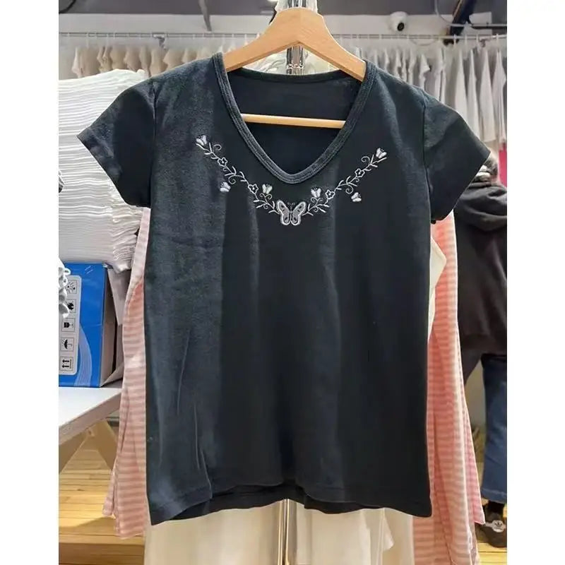 Vintage Red Letter Flag Embroidery Cotton T-shirt Women O-neck Summer Short Sleeve Tee Shirt American Slim Casual Crop Y2K Top