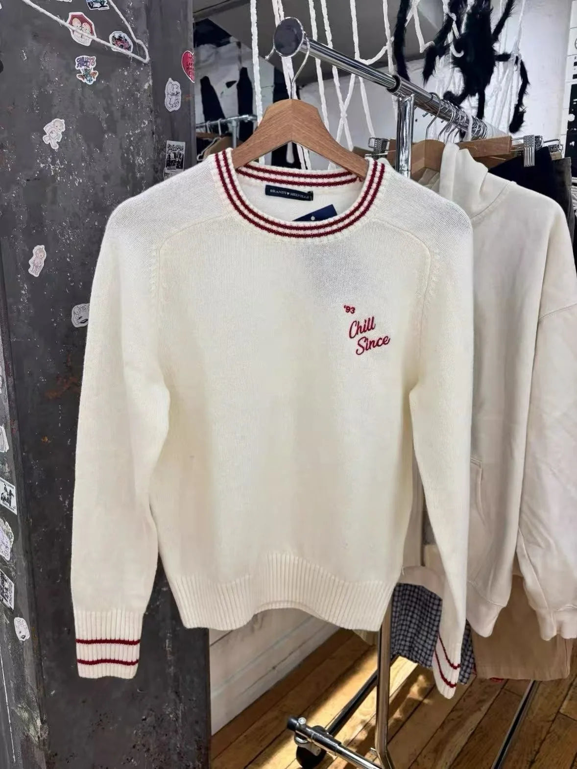 American retro preppy style letter embroidered round neck knit sweater  blocking versatile and slimming pullover sweater