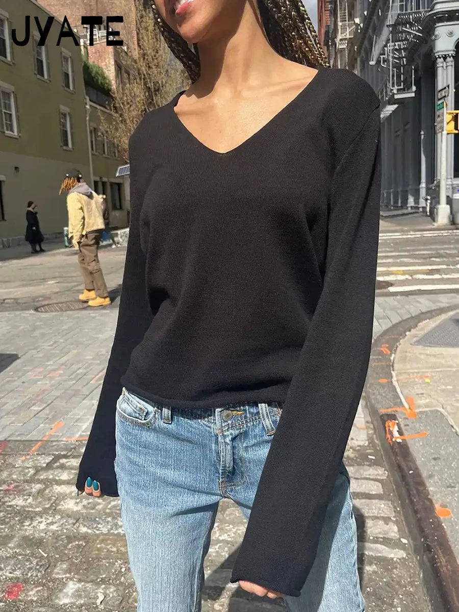 Harajuku Solid Raw Trim V-neck Long Sleeve Tees Women Autumn New Simple Casual Streetwear Tops Sweet Vintage Basic T-shirts Y2K