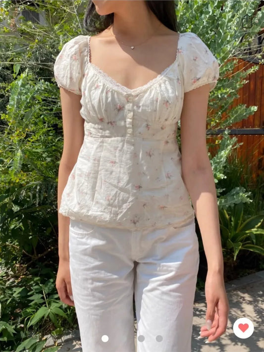 Floral Print Lace Trim T-shirts Women Summer New Casual Streetwear Buttons Short Sleeve Tees Sweet Simple Cute Tshirt Tops Y2K