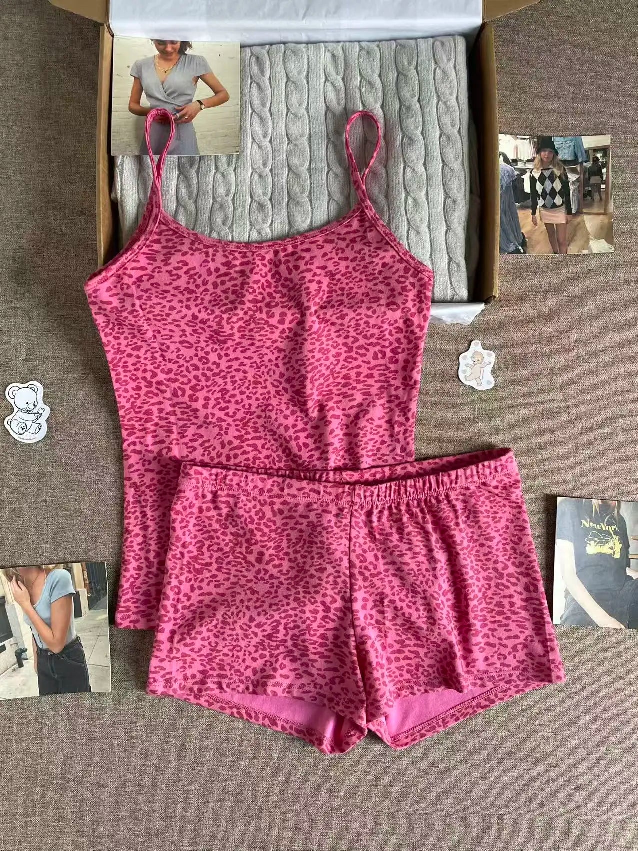 Leopard Print Vest Shorts Set Women Cotton Slim Crop Top+Elastic Waist Short Pant Vintage Sweet Home Pajama 2 Piece Sets Y2K New