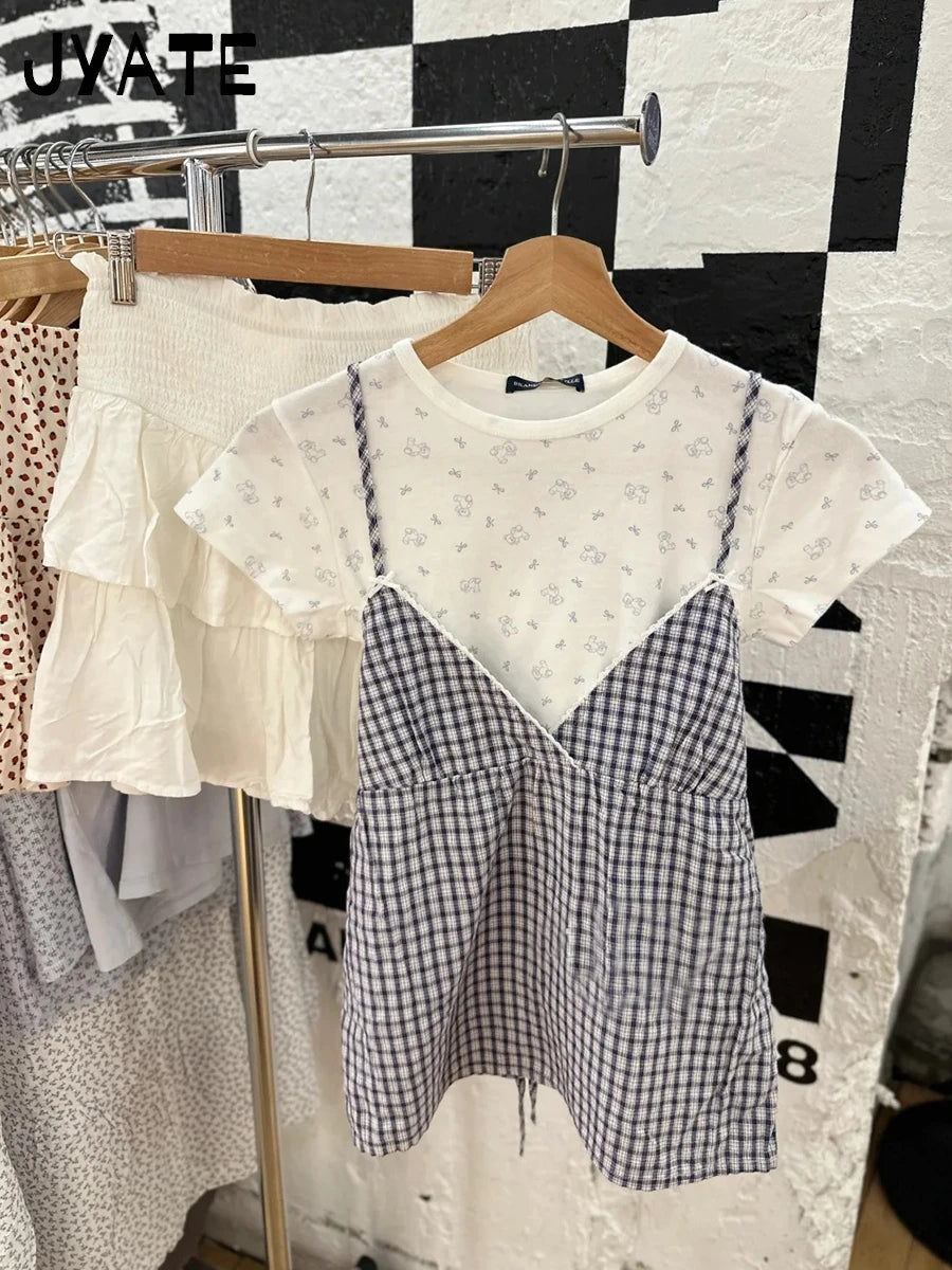 Plaid Lace Trim V-neck Bow Tank Tops Women Summer New Casual Streetwear Simple Back Lace-up Vest Vintage Sweet Chic Camisole Y2K